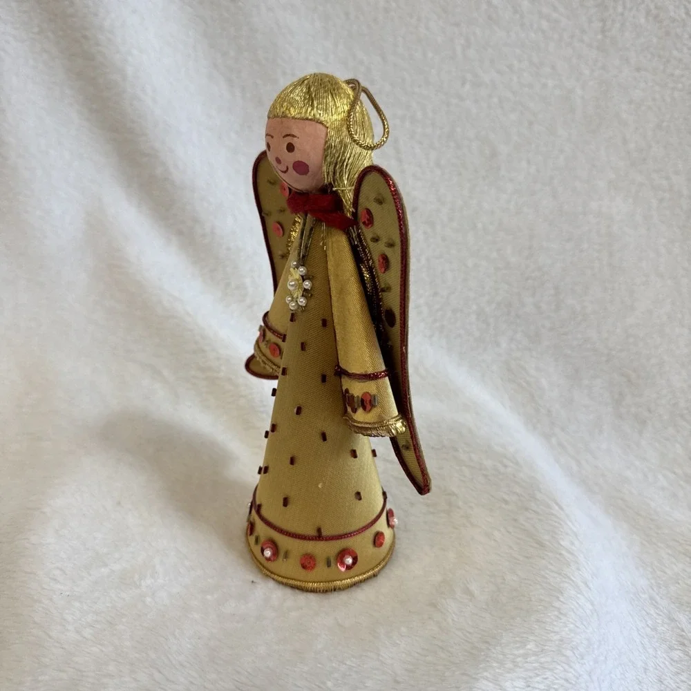 Vintage Gold Fabric Angel Christmas‎ Tree Topper Ornament Sequin Bead MCM